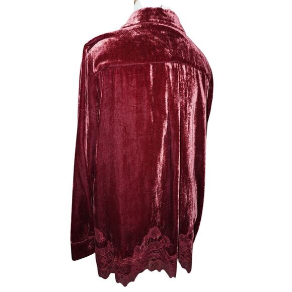 Soft Surroundings Red Velvet Blouse Womens Large Burgundy Lace Trim Long Sleeve - Picture 3 of 8